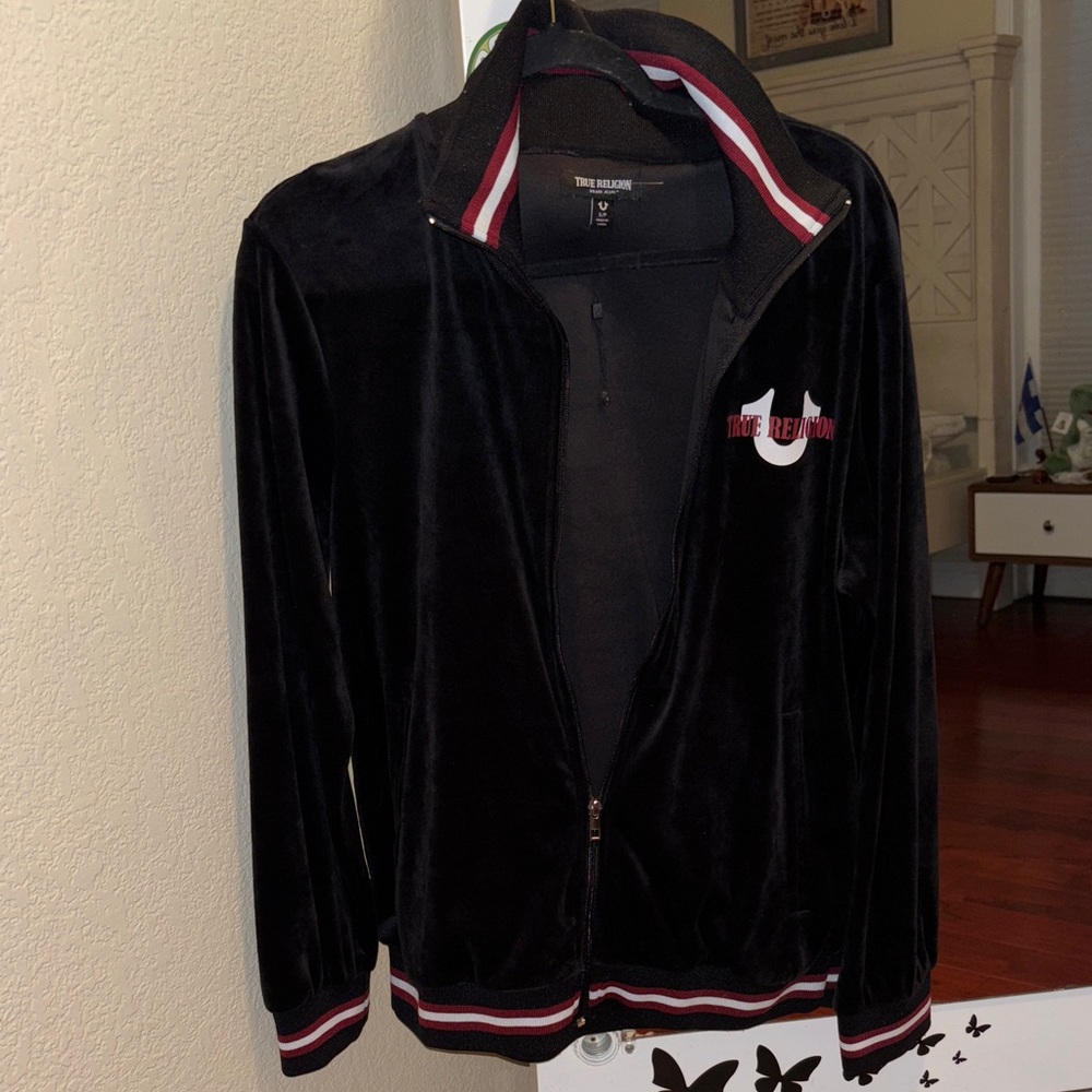 True Religion Black Velour Jacket with Red and White Trim